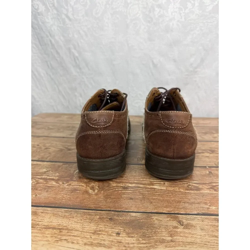 Clarks Men's Brown Leather Oxford Shoes Lace Up Canvas Contrast Size 10.5